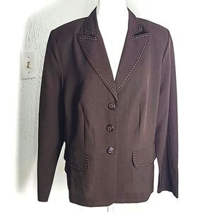 Spago Collection Vintage Brown Blazer Jacket Accented White Threading, Size 14W